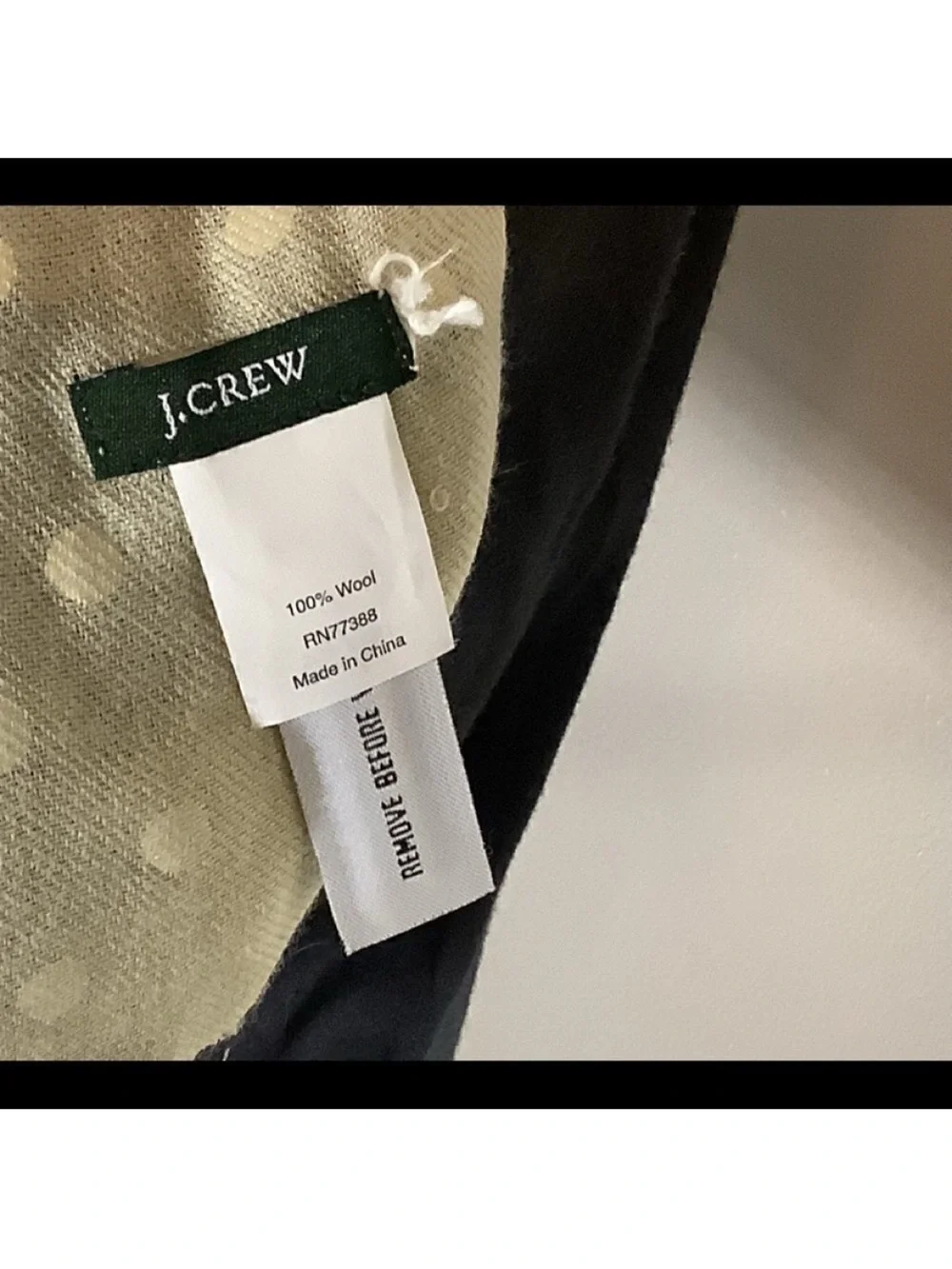 New JCrew 100% Wool Tan Scarf With Gold Polka Dots